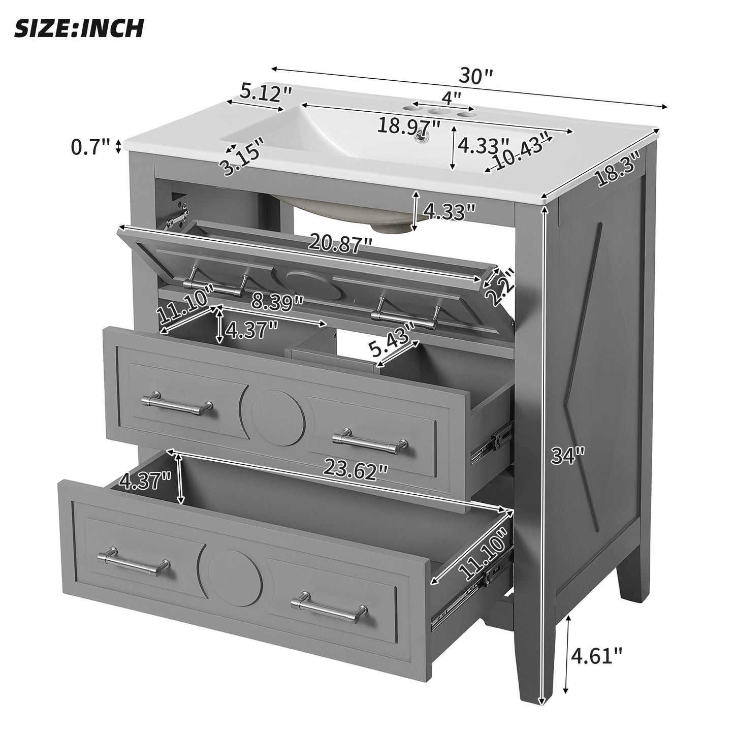 Retro Bathroom Vanity With Sink Combo, Free Standing Single Set With 3 Drawers