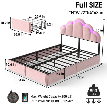 Full RGB LED Upholstered Platform Bed With Petal Headboard And Storage Drawers For Kids Bedroom - Pink