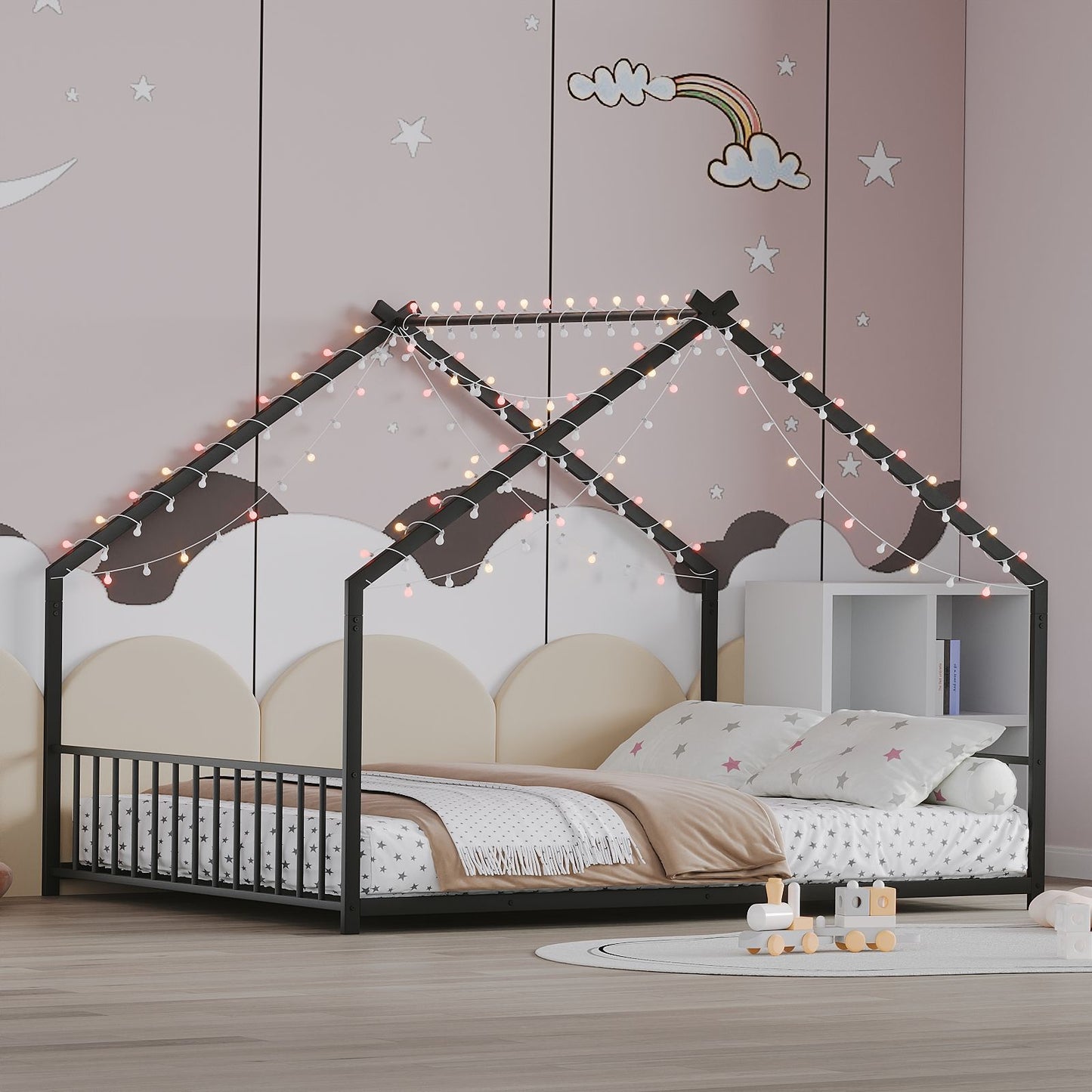 Full Size Rooftop Bed Frame LED Lights For Kids - Black