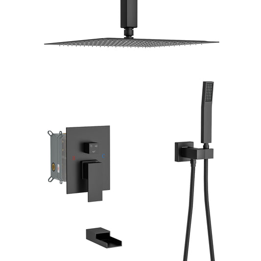 16" Ceiling Mount Square Shower System With Waterfall Tub Spout And Rough In Valve