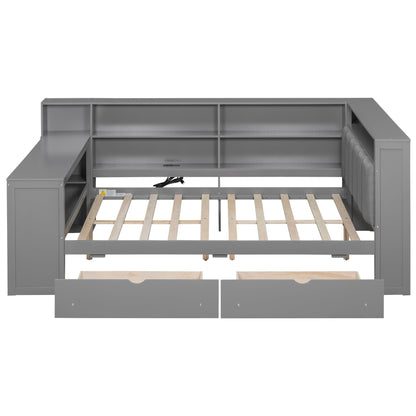 Platform Bed With Storage Shelves, Drawers, Charging Station, LED, Desk