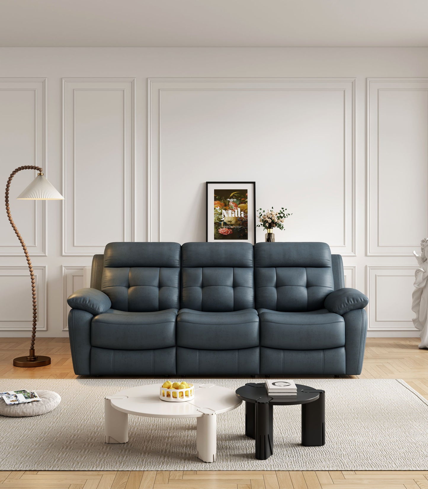 Genuine Leather Non Power Reclining Sofa With Drop Down Table, Stainless Steel Cupholders And Magazine Bag