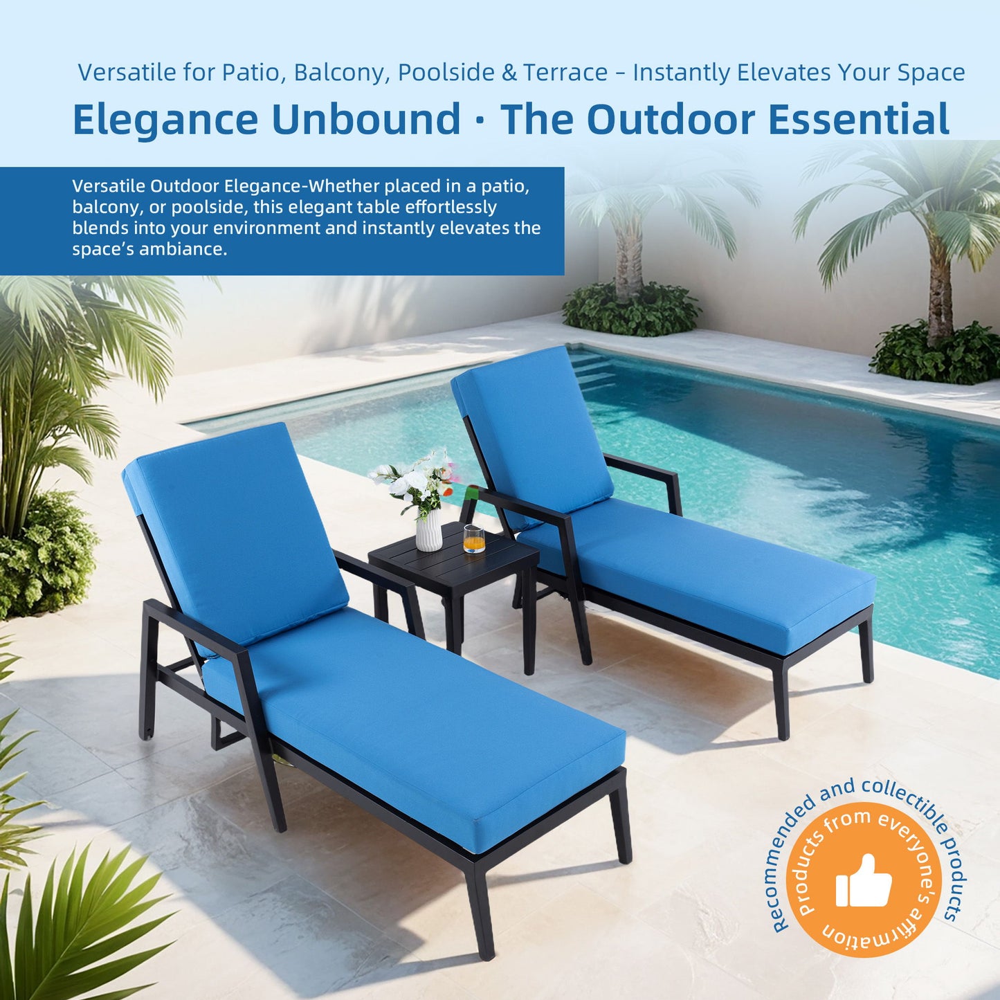 3 Piece Outdoor Patio Lounge Set, 2 Chaise & 1 End Table With Modern Tapered Feet, Pneumatic Adjustable Backrest, Wheels, Sunbrella Cushion - Ember Black / Blue