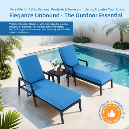 3 Piece Outdoor Patio Lounge Set, 2 Chaise & 1 End Table With Modern Tapered Feet, Pneumatic Adjustable Backrest, Wheels, Sunbrella Cushion - Ember Black / Blue