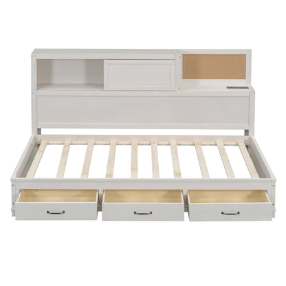 Twin Size Daybed With 3 Storage Drawers, Upper Soft Board, Shelf, And A Set Of Sockets And USB Ports - White