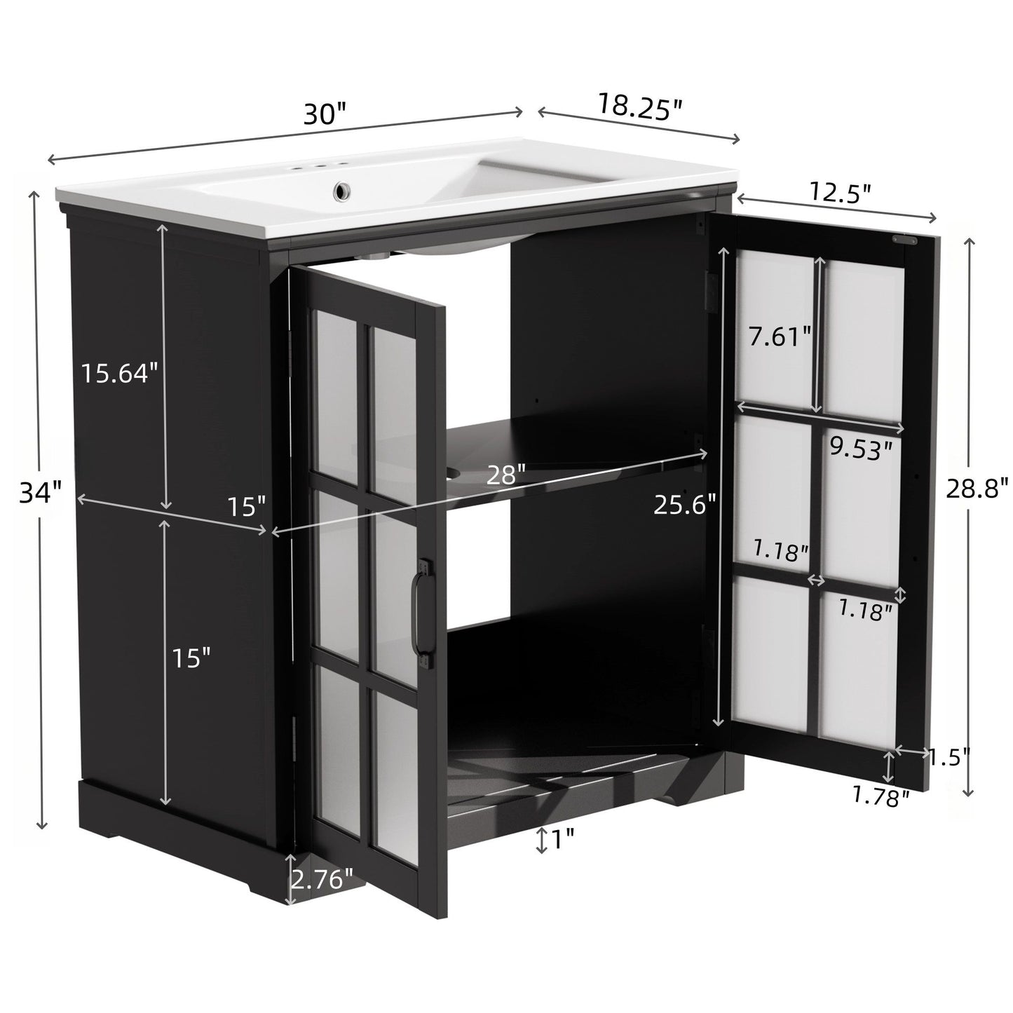 Modern Bathroom Vanity With Ceramic Sink, Tempered Blurred Glass Doors