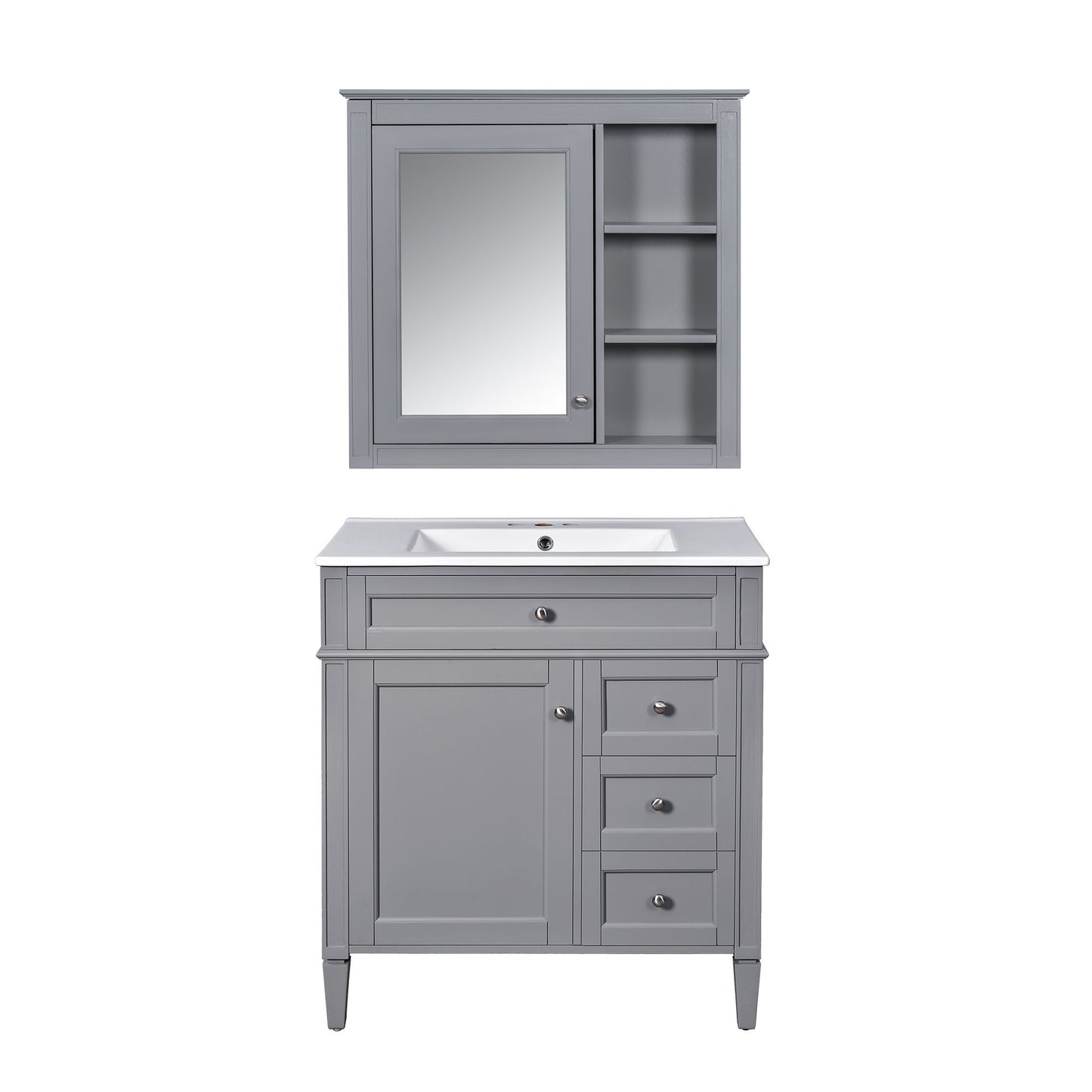 Bathroom Vanity With Top Sink, Freestanding Storage Cabinet With 2 Doors And 3 Drawers, Mirror Cabinet Included - Gray