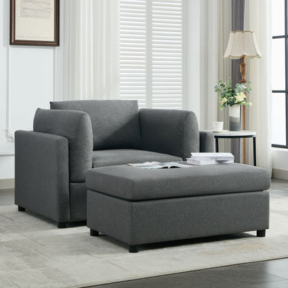 Wide Modern Oversized Armchair With Ottoman Stool, Single Sofa With Lumbar Support, Accent Chair