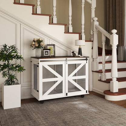 Mobile Dog Crate With Flip Top Feeding Door, Dual Access & 5 Caster System (2 Locking) - Brown White