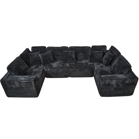 Modular U-Shaped Sectional Sofa, 6 Seater Chaise Lounge With Reversible Design - Black