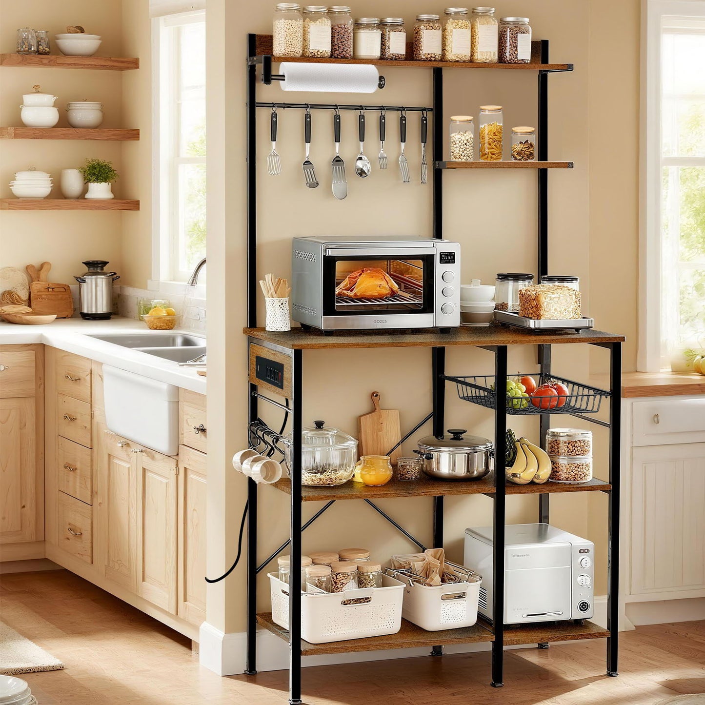 Bakers Rack With Power Outlet, Coffee Bar With S-Shaped Hooks, Kitchen Shelf With Wire Basket - Black / Brown