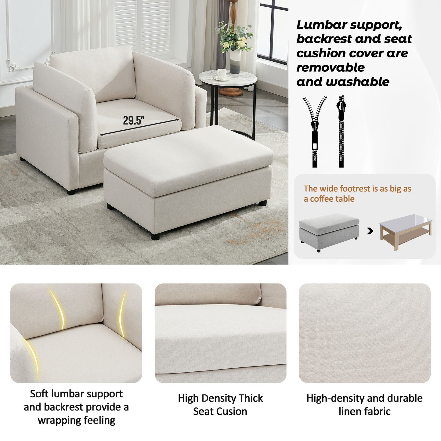 Wide Modern Oversized Armchair With Ottoman Stool, Single Sofa With Lumbar Support, Accent Chair