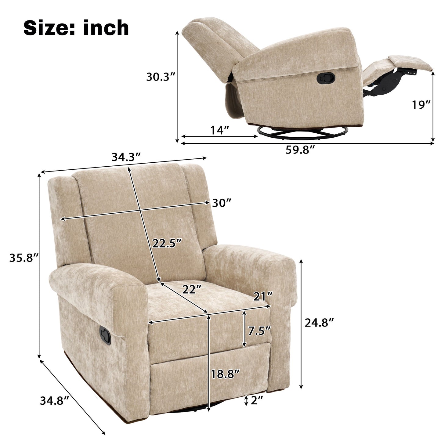 Manual Recliner Chair With Swivel Rocker Function, Dual Recline Angles