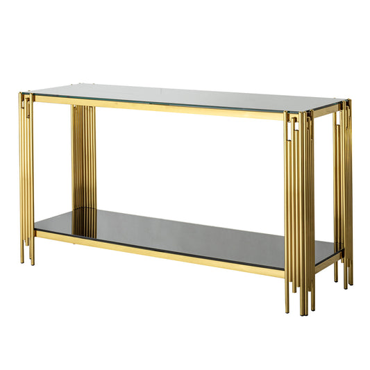 Modern Glass Top Mirror Stainless Steel Console Table For Living Room, Tempered Glass - Black / Gold