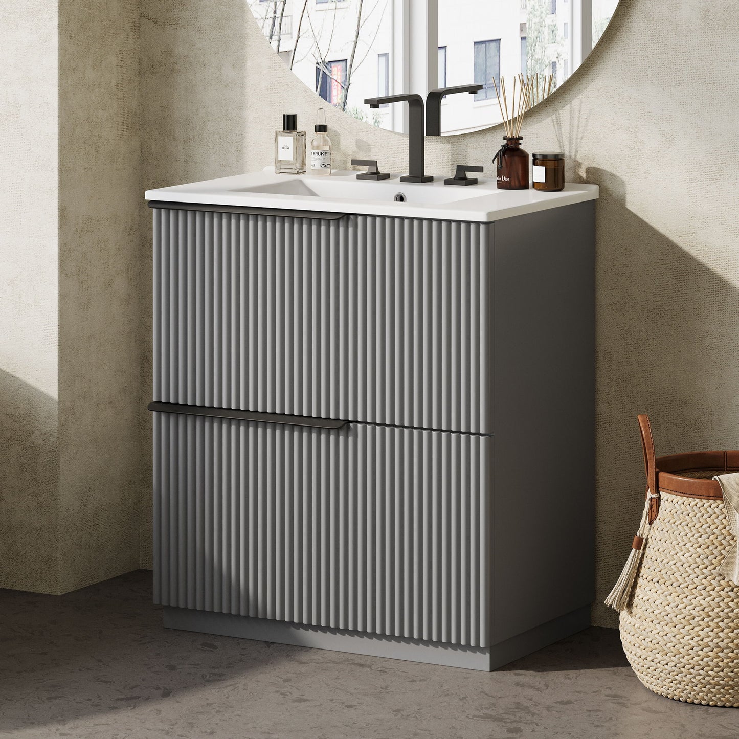 Fluted Bathroom Vanity With Ceramic Sink, Freestanding Cabinet