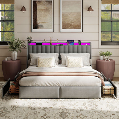 King Upholstered Bed Frame With 4 Storage Drawers, RGB LED Lights & USB / Type-C Charging Station, No Box Spring Needed - Gray