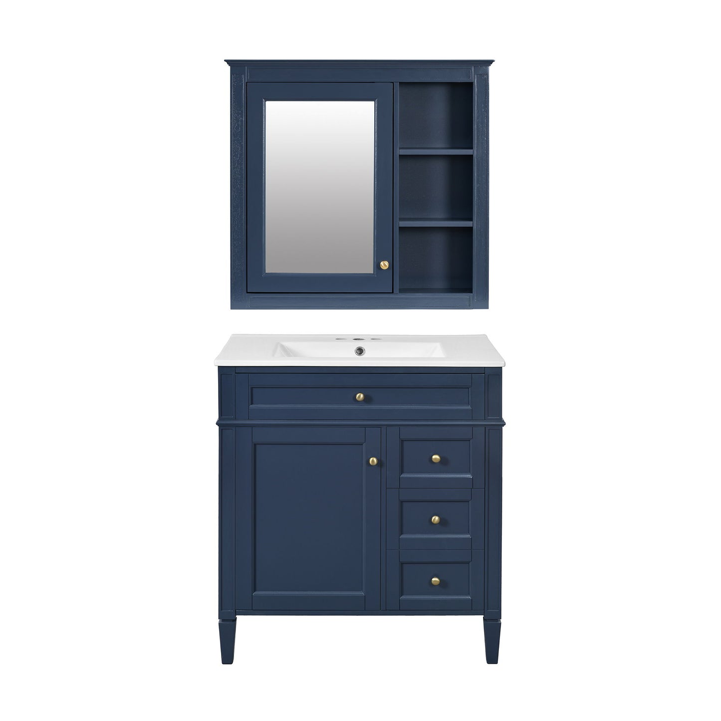 Bathroom Vanity With Top Sink, 2 Doors And 3 Drawers, Freestanding Set With Mirror Cabinet