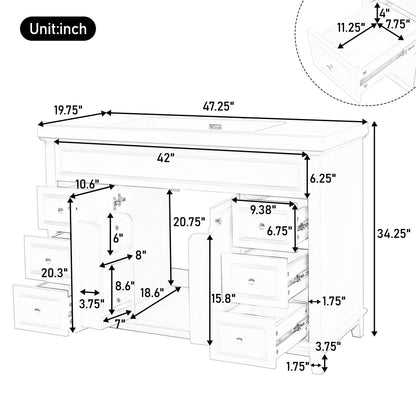 Bathroom Vanity With Sink, 6 Soft Close Drawers & Double Doors - White