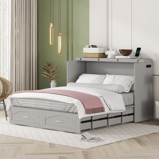 Queen Size Murphy Wall Bed With Drawer And A Set Of Sockets & USB Ports, Pulley Structure Design - Gray