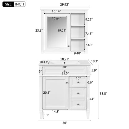Bathroom Vanity With Top Sink, 2 Doors And 3 Drawers, Freestanding Set With Mirror Cabinet