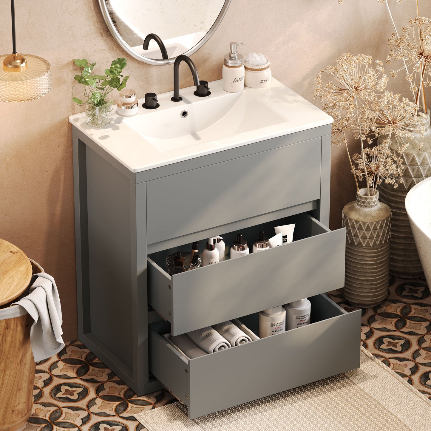 Freestanding Bathroom Vanity With Ceramic Sink, 2 Full Extension Drawers