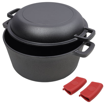 Pre-Seasoned Cast Dutch Oven 2 In 1 With Dual Handles And Covers, 5 Quart - Black
