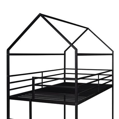 House Bunk Bed Metal Bed Frame Built-In Ladder, No Box Spring Needed