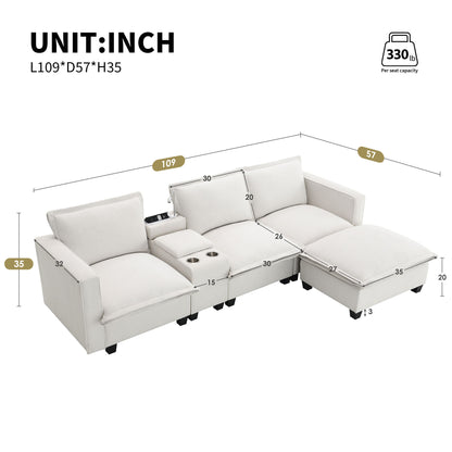 Modern Sectional Cloud Sofa With Console USB Charger Reading Light Cup Holder, Wide Seat 4 Seat Modular Couch Storable Indoor Funiture