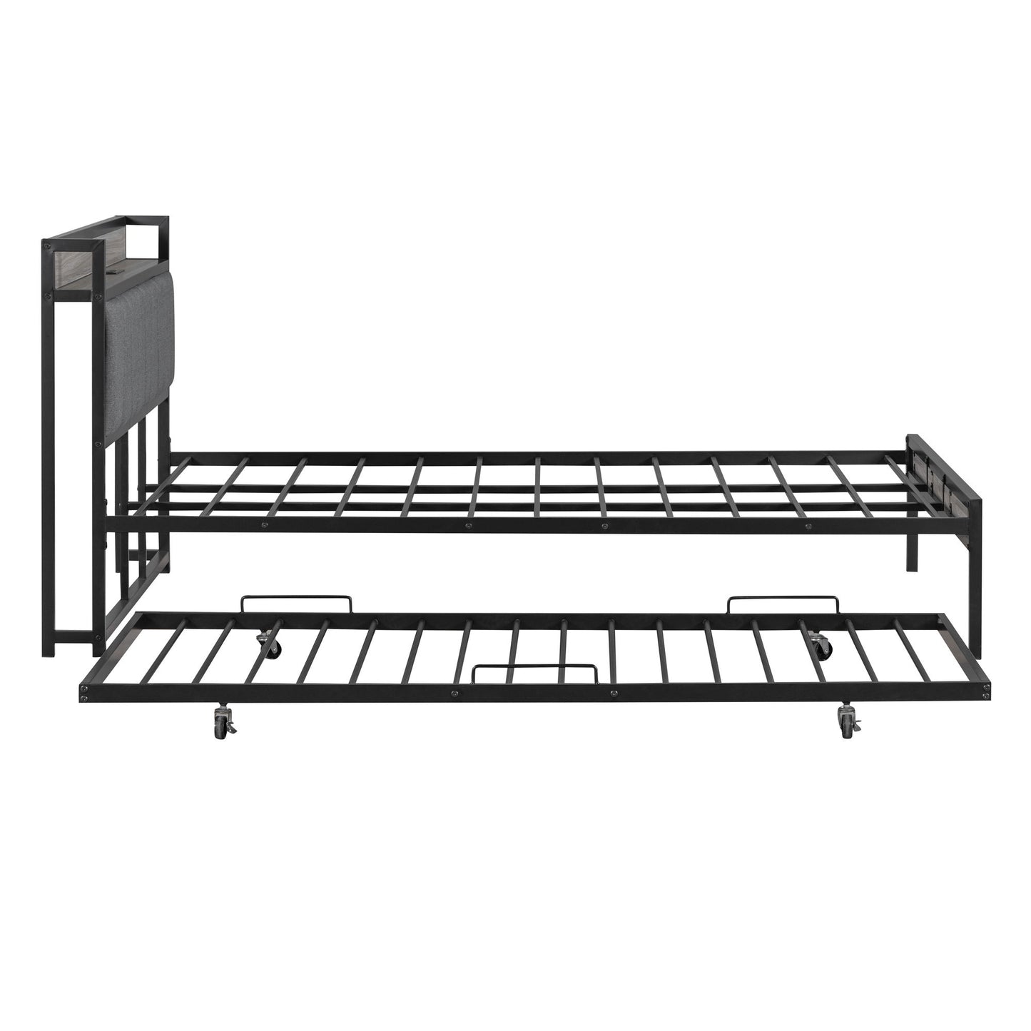 Platform Bed Frame With Trundle, USB Ports And Slat Support, No Box Spring Needed