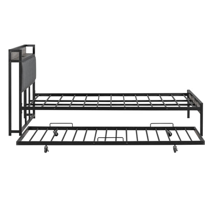 Platform Bed Frame With Trundle, USB Ports And Slat Support, No Box Spring Needed