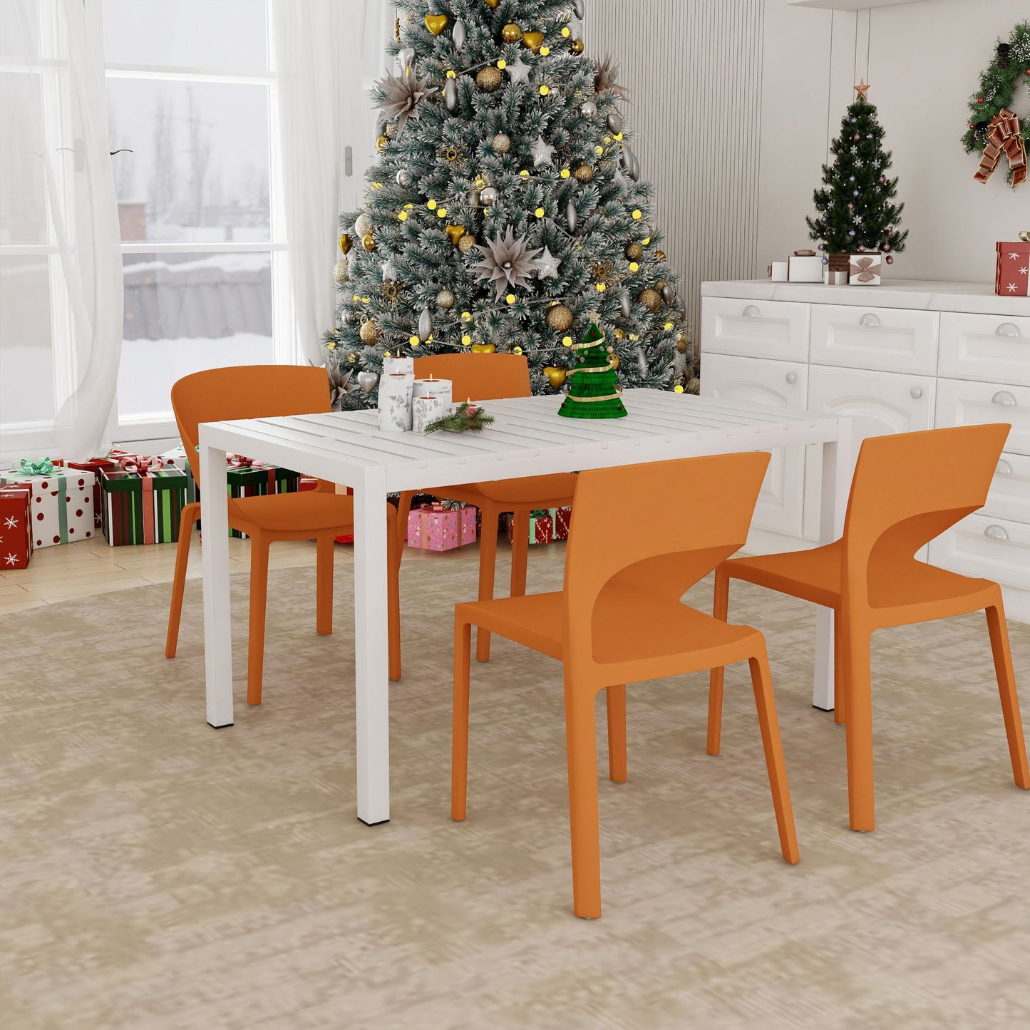 4 Piece Set Of Color Block Designed Single Chairs With Long Table - Tropical Orange / White