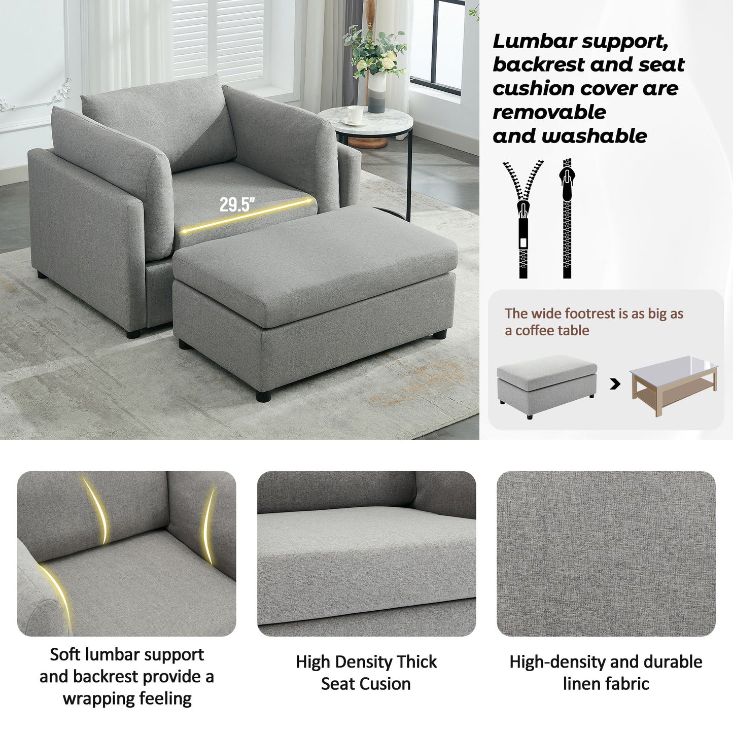 Wide Modern Oversized Armchair With Ottoman Stool, Single Sofa With Lumbar Support, Accent Chair