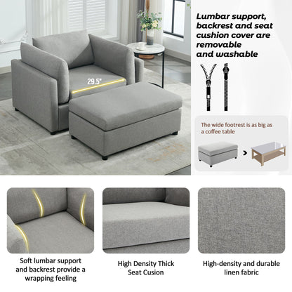 Wide Modern Oversized Armchair With Ottoman Stool, Single Sofa With Lumbar Support, Accent Chair