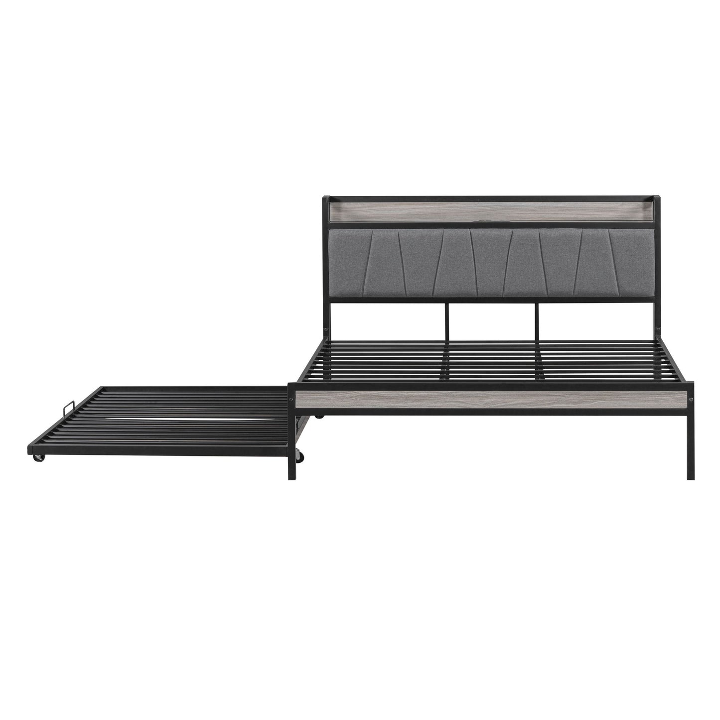 Platform Bed Frame With Trundle, USB Ports And Slat Support, No Box Spring Needed