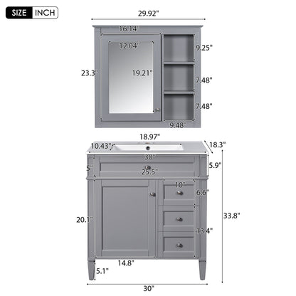 Bathroom Vanity With Top Sink, Freestanding Storage Cabinet With 2 Doors And 3 Drawers, Mirror Cabinet Included - Gray