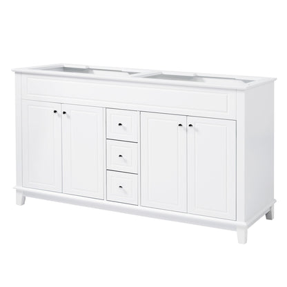 Bathroom Vanity Cabinet Only, 3 Drawers & 4 Doors With Double Layer Shelves - White