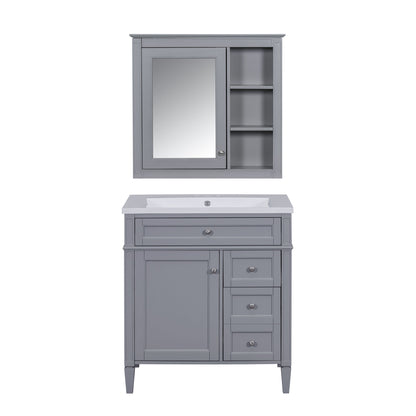 Bathroom Vanity With Top Sink, 2 Doors And 3 Drawers, Freestanding Set With Mirror Cabinet