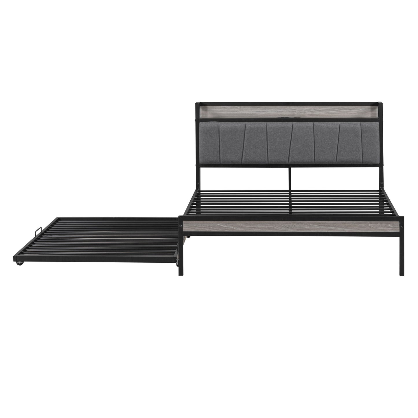 Platform Bed Frame With Trundle, USB Ports And Slat Support, No Box Spring Needed