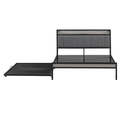 Platform Bed Frame With Trundle, USB Ports And Slat Support, No Box Spring Needed