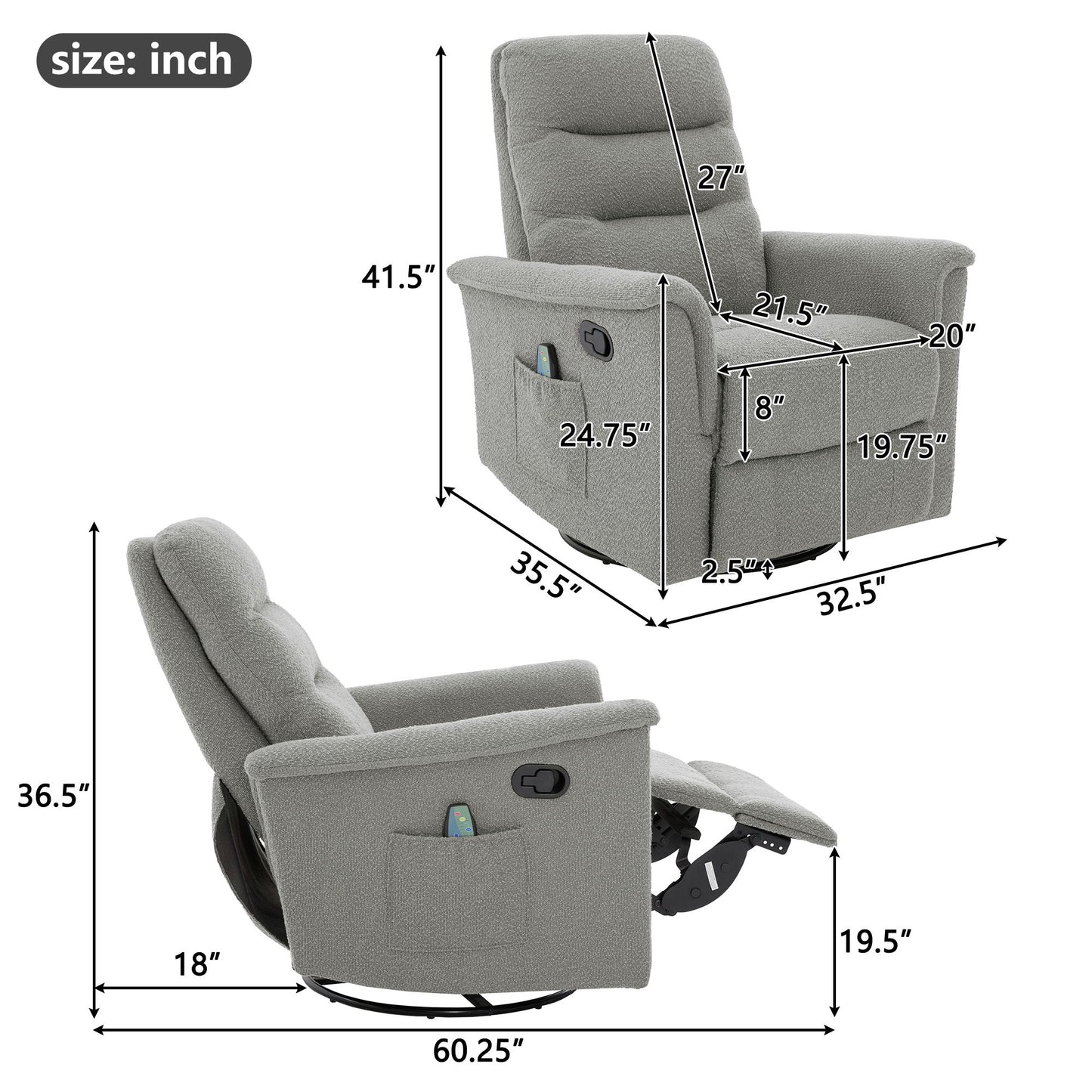 Manual Recliner Chair With 8 Point Massage And Swivel Function