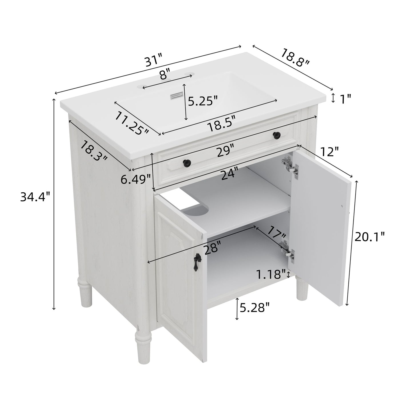 Vintage Bathroom Vanity With Sink, Rustic Cabinet With Soft Close Doors