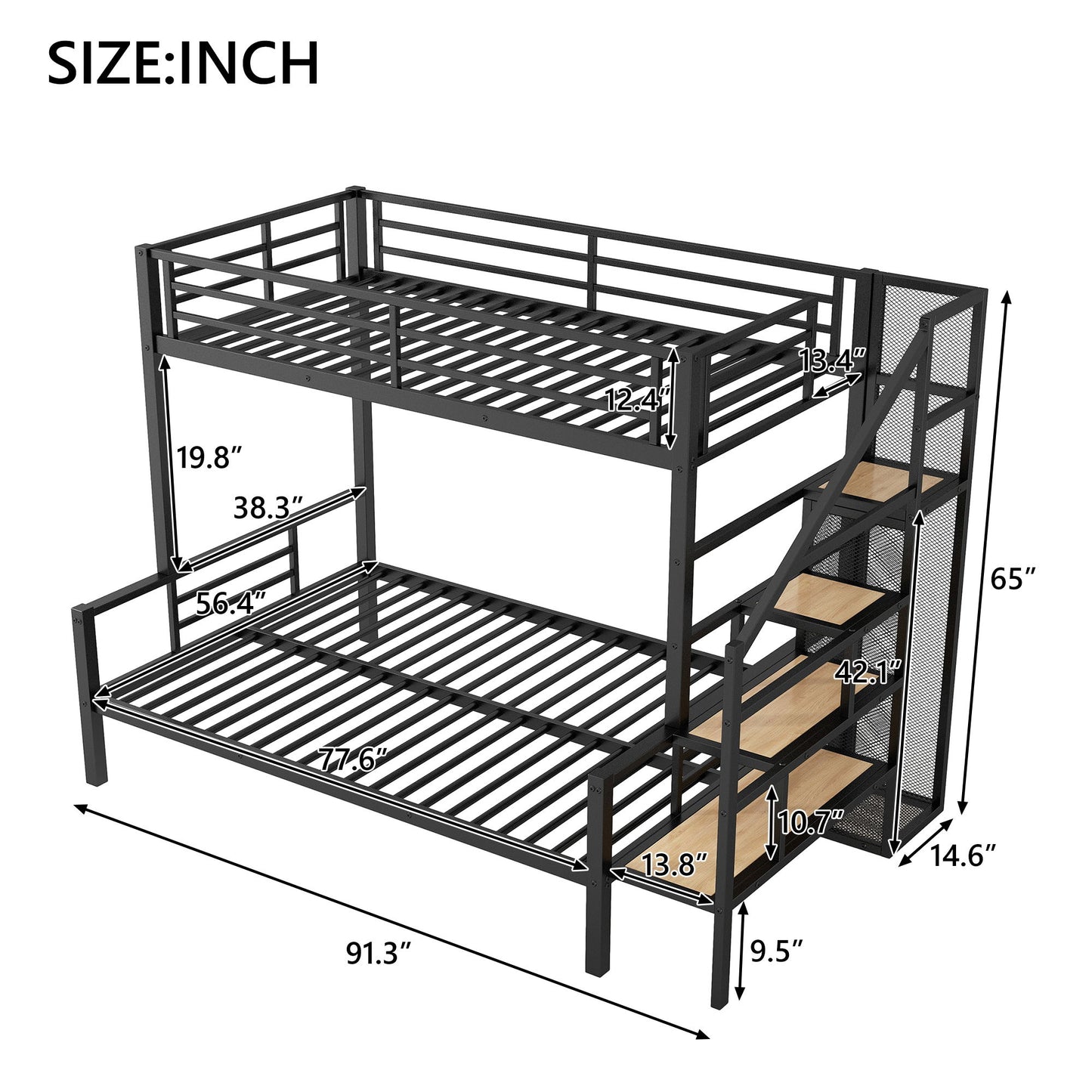 Twin Over Full Bunk Bed With Storage Staircase And Open Wardrobe - Black