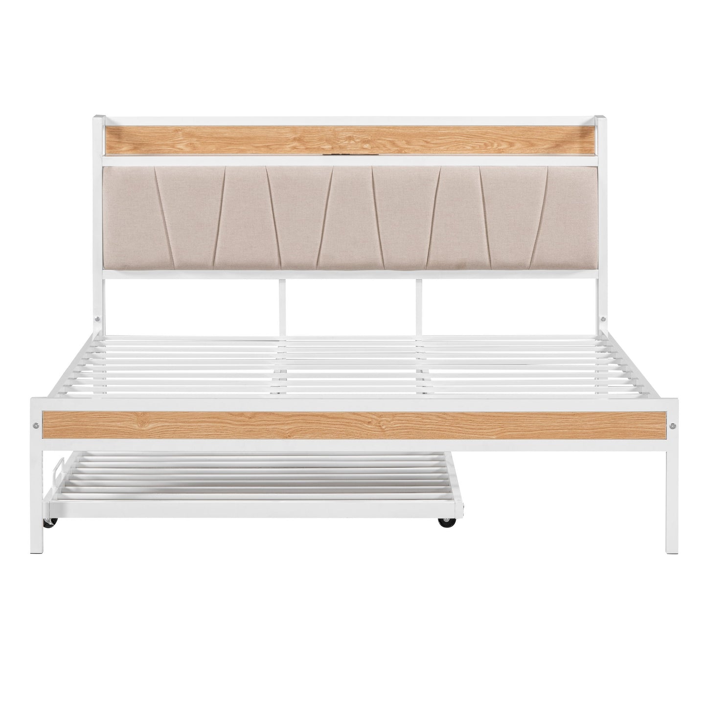 Platform Bed Frame With Trundle, USB Ports And Slat Support, No Box Spring Needed