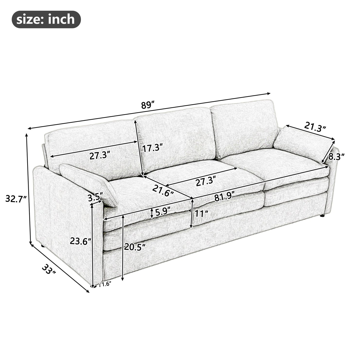 Cozy Upholstered 3 Seater Sofa With Double Cushion