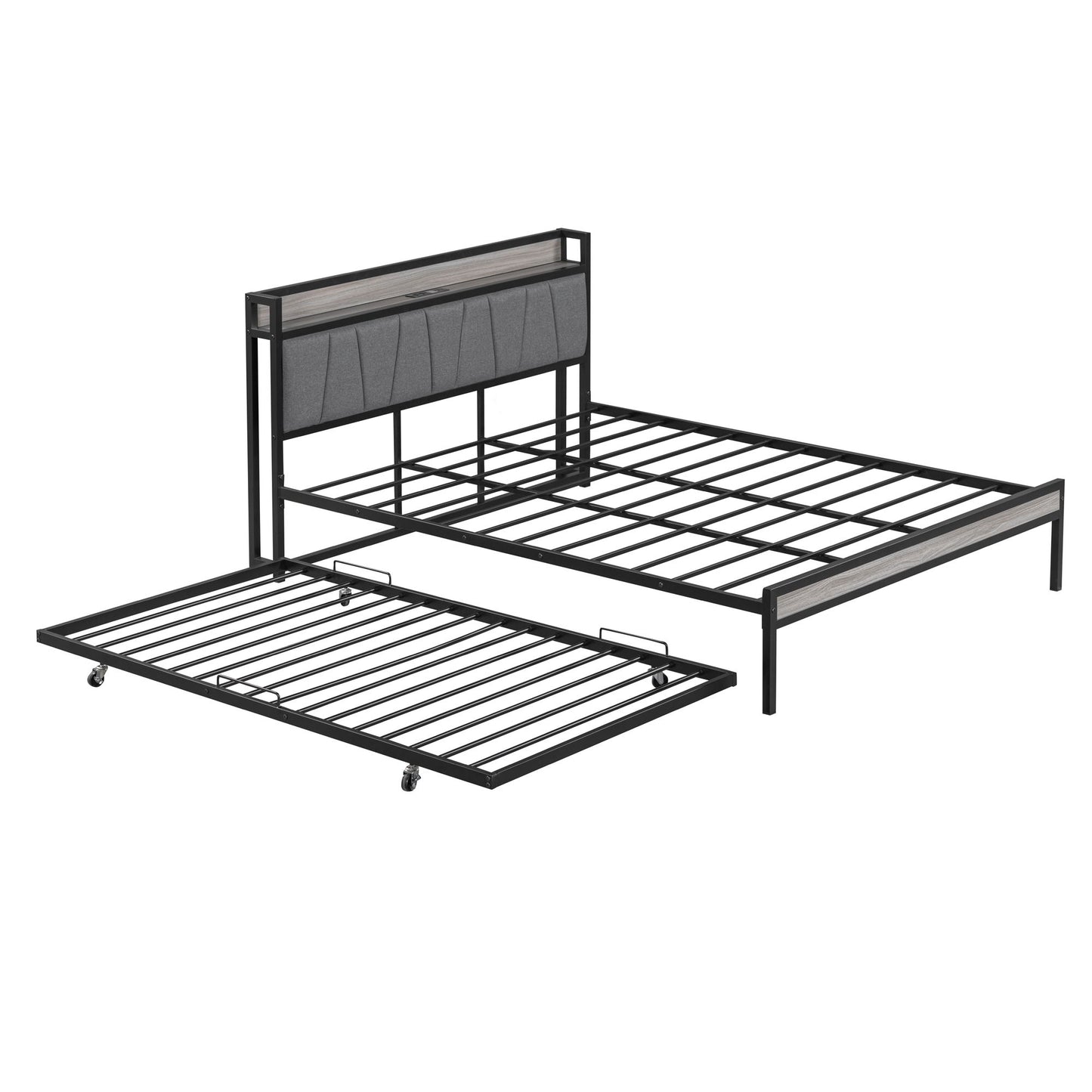 Platform Bed Frame With Trundle, USB Ports And Slat Support, No Box Spring Needed