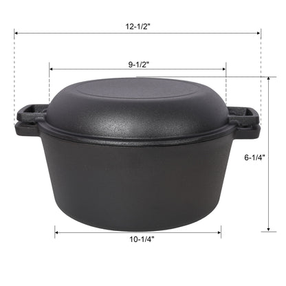 Pre-Seasoned Cast Dutch Oven 2 In 1 With Dual Handles And Covers, 5 Quart - Black