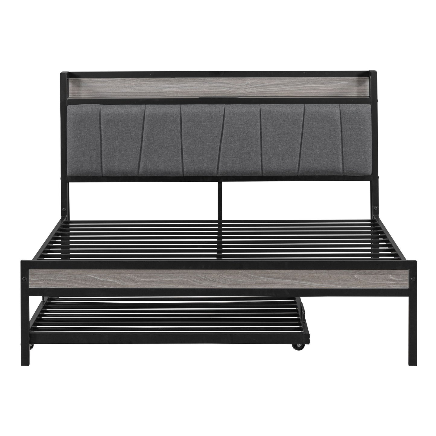 Platform Bed Frame With Trundle, USB Ports And Slat Support, No Box Spring Needed
