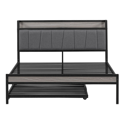 Platform Bed Frame With Trundle, USB Ports And Slat Support, No Box Spring Needed
