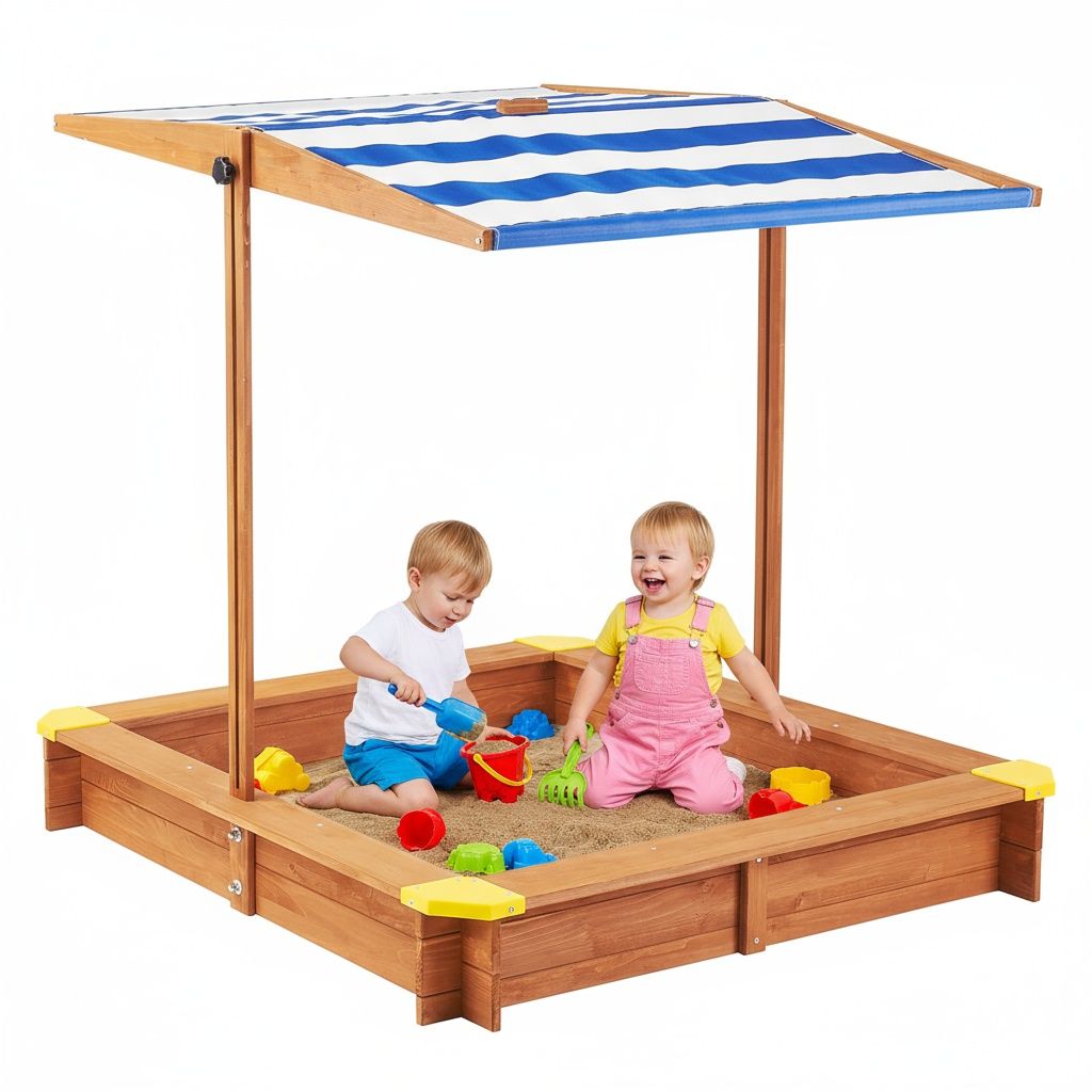 Kids Sandbox With Cover, Sand Box With Adjustable Canopy, Large Outdoor Cedar Sandpit For Backyard Play - Reddish Brown